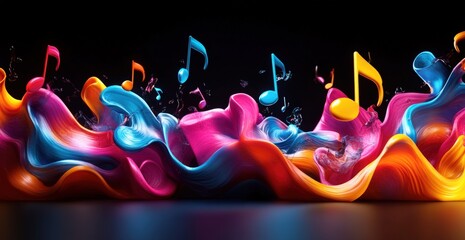 Vibrant musical notes emerging from colorful waves, creating a lively atmosphere in a dark setting