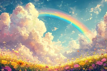 Vibrant rainbow arches over a colorful flower field under a bright, cloud-filled sky