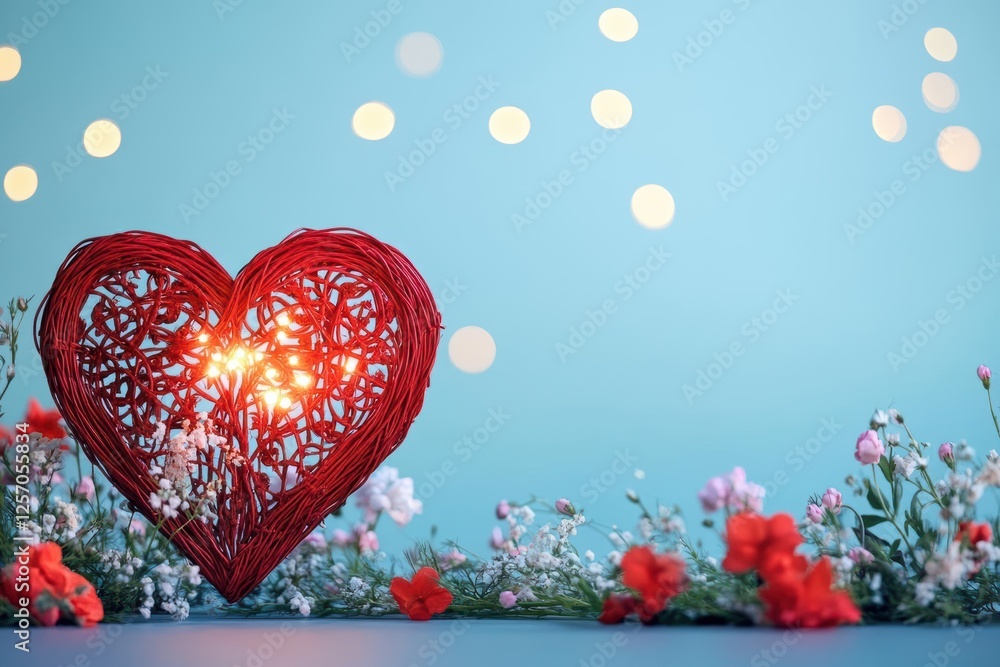 Poster red heart shape with string lights glowing on a wooden background for festive decoration