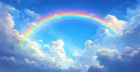 Vibrant rainbow arching across a bright blue sky filled with fluffy white clouds