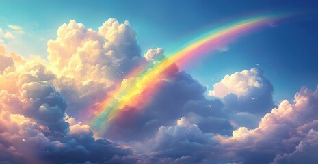 Vibrant rainbow arching across a serene sky filled with fluffy clouds at sunset