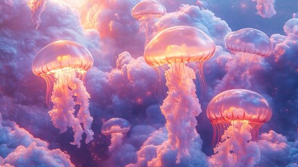 Glowing Jellyfish Drift Softly in Pink Haze. AI Generated