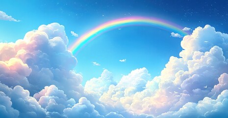 Vibrant rainbow arching over fluffy clouds in a bright blue sky with soft sunlight illuminating