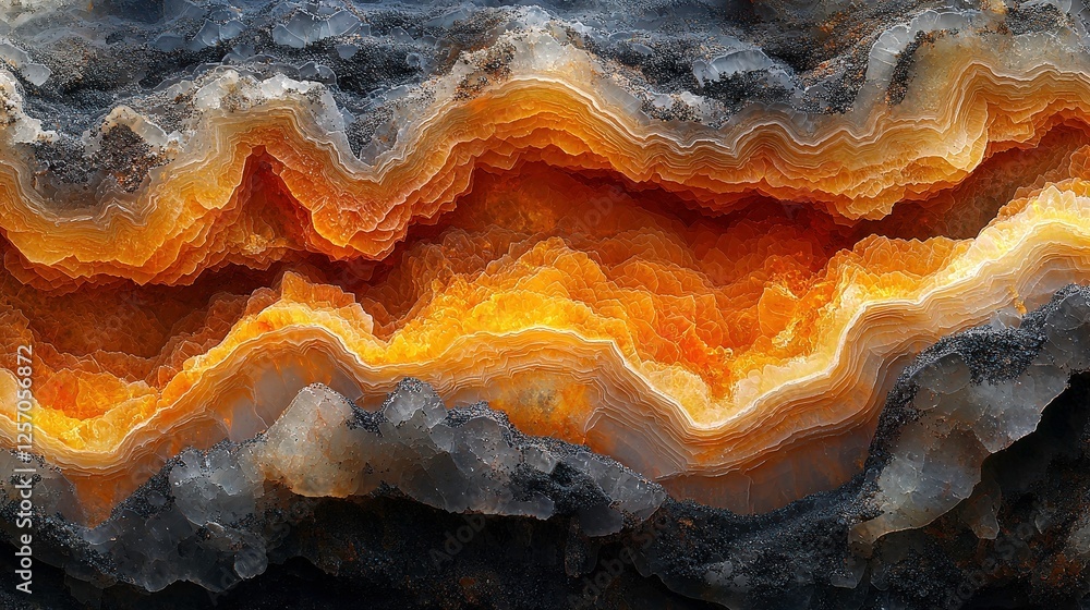 Poster mesmerizing macro view of colorful mineral swirls reveals intricate layers of orange, yellow, and black, resembling geological formation. abstract patterns create sense of depth and texture