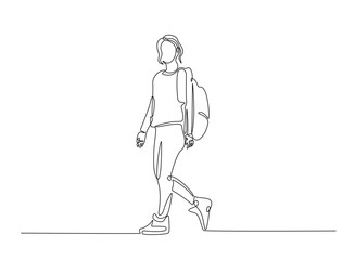 Woman from college or university with backpack in continuous one line drawing. Highschool woman student with backpack concept line draw. Editable vector.