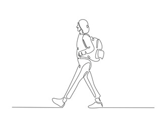 Woman from college or university with backpack in continuous one line drawing. Backpacker and student concept line draw. Editable vector.