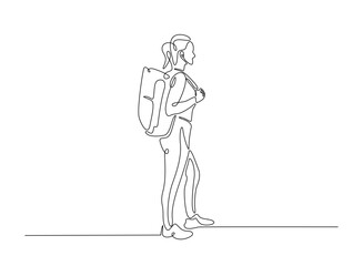 Woman from college or university with backpack in continuous one line drawing. Backpacker and student concept line draw. Editable vector.
