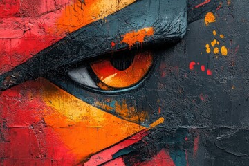 Vibrant street art featuring a striking eye mural with bold colors and dynamic textures