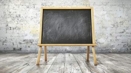 Empty wooden chalkboard on an aged brick wall background, ideal for educational or artistic use