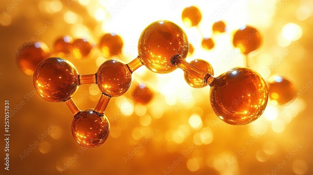 Poster hyper-realistic 3d rendering of amber molecular structures with soft lighting and abstract compositi