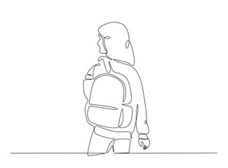 Woman from college or university with backpack in continuous one line drawing. Backpacker and student concept line draw. Editable vector.