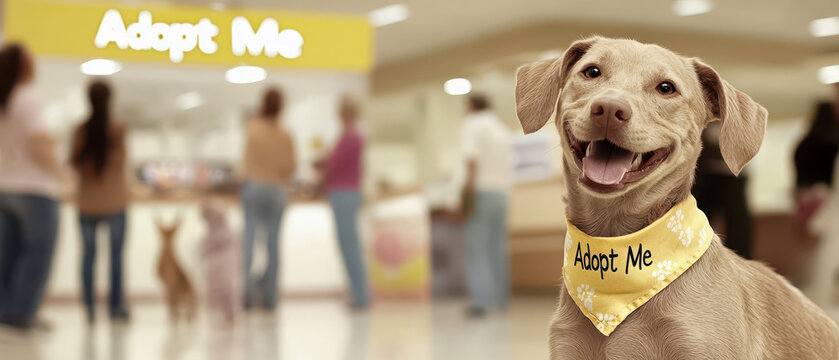 A friendly dog wearing an "Adopt Me" bandana smiles at the camera in a welcoming adoption center environment.