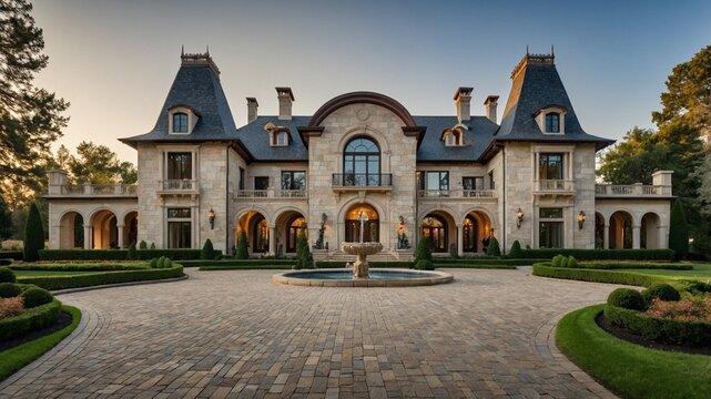 A grand European-style real estate with intricate stonework