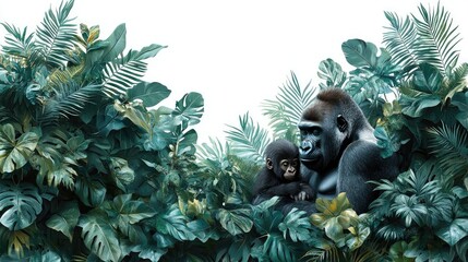 A mother gorilla lovingly embraces her baby in a lush, vibrant jungle surrounded by greenery