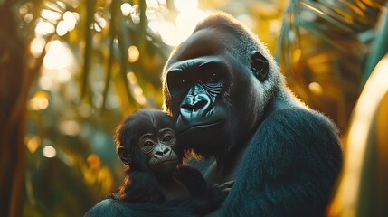 A mother gorilla lovingly cradles her baby in a lush jungle, surrounded by vibrant greenery