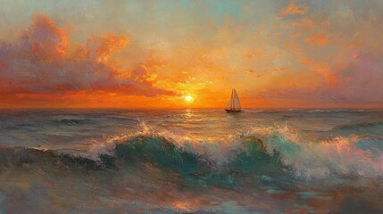 Vibrant sunset over the ocean with a sailboat navigating through colorful waves