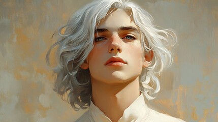 Fototapeta premium Serene Portrait Warm Light Young Man. AI Generated