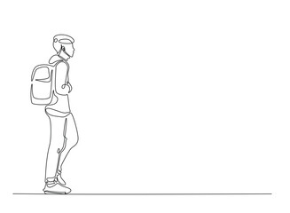 Young man from college or university with backpack in continuous one line drawing. Backpacker and student concept line draw. Editable vector.