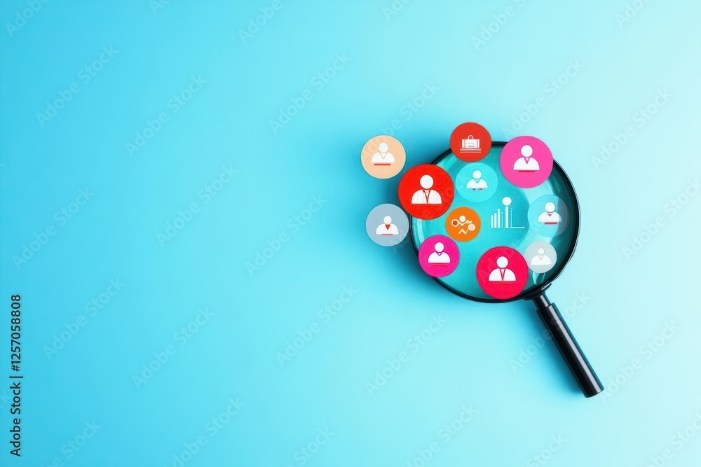 Aufkleber magnifying glass with various icons representing technology and communication on a blurred backgroun