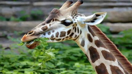 A giraffe munching on fresh greenery in a lush zoo environment with blurred background scenery