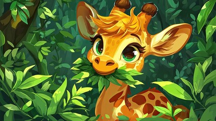 Playful cartoon giraffe munching on leaves in a vibrant, lush jungle setting