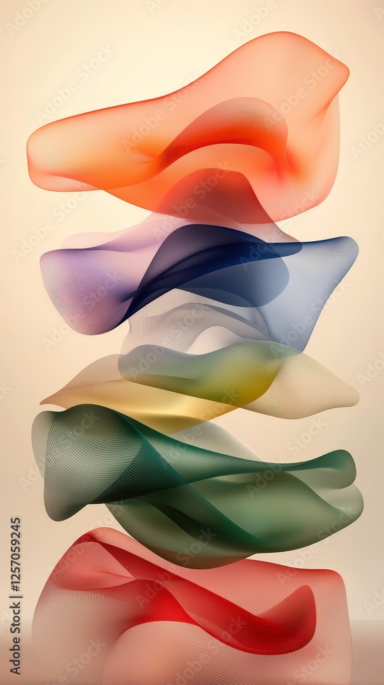 Poster abstract visualization of colorful, flowing waves layered vertical arrangement, creating sense of mo