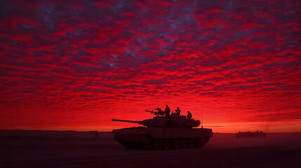 Soldiers in tank at desert sunset