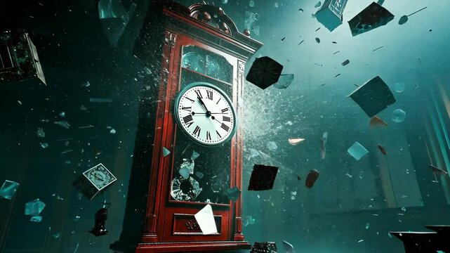 Red Antique Clock Exploding With Flying Fragments In Dark Room