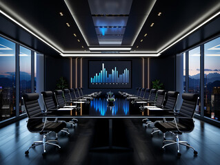 Corporate Boardroom: A sleek and modern boardroom, bathed in cool blue light. The expansive windows offer a breathtaking city view. The boardroom is ready for a strategic meeting.