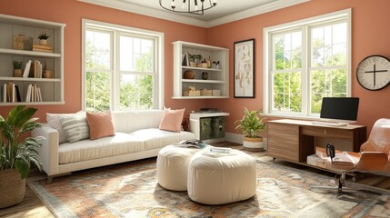 Fototapeta premium A warm-toned home office featuring a Peach Fuzz-painted background.