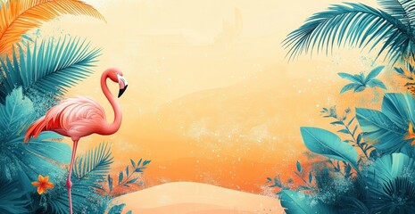 Vibrant tropical scene featuring a pink flamingo surrounded by lush greenery and a sunset backdrop