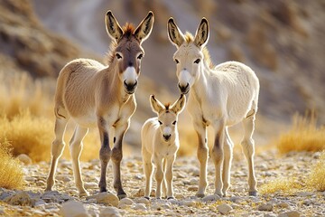 Obraz premium Adorable Donkey Family: Three Donkeys Pose Together in Sunny Desert Habitat