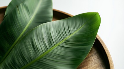 15.A detailed close-up of a round, freshly cut green banana leaf placed on a wooden plate, with a textured white background. The simplicity of the design highlights the leafâ€™s natural features,