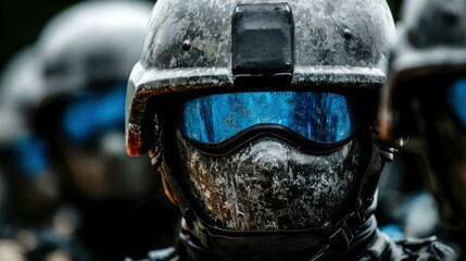 Fototapeta premium Close-up of a Soldier in Camouflage Helmet and Goggles