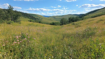 Lush green meadow with wildflowers under a bright blue sky in a serene mountainous landscape