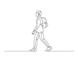 Young man from college or university with backpack in continuous one line drawing. Backpacker and student concept line draw. Editable vector.