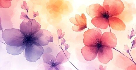 Vibrant watercolor floral composition featuring pink and purple blossoms against a soft background
