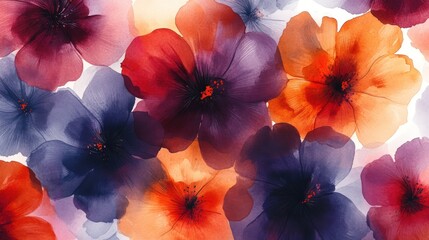 Vibrant watercolor floral pattern featuring various colorful blossoms on a white background