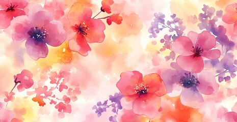 Vibrant watercolor floral pattern with pink and purple flowers on a soft pastel background