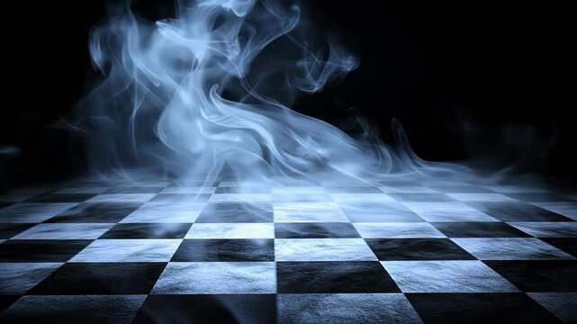 A dark chessboard with smoke, evoking mystery and strategy.