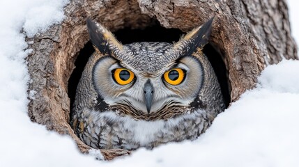 Majestic owl peering from a snowy tree hollow, surrounded by winter landscape and soft light