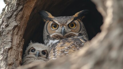 Majestic owl and its chick nestled in a tree hollow, showcasing a serene wildlife moment