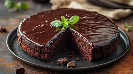 Richly glazed, decadent chocolate cake on a plain surface, displaying a delectable treat ideal for any celebration