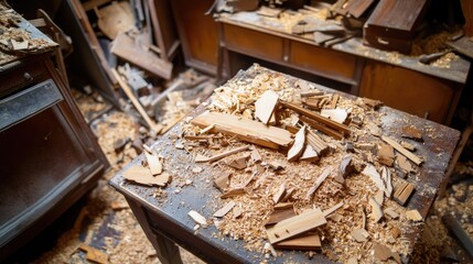 A woodworker's workbench filled with wooden scraps and sawdust.