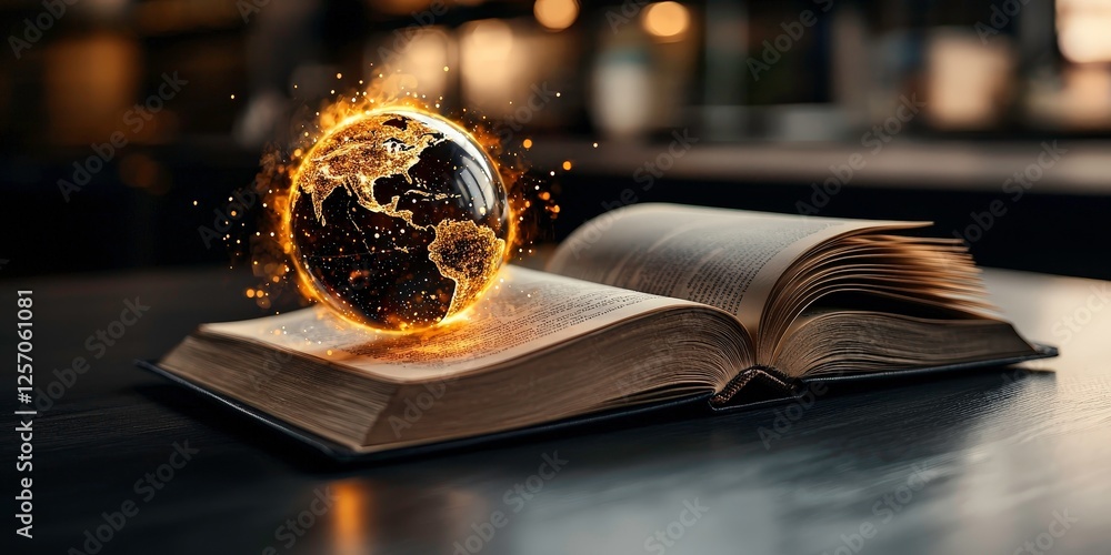 Poster open book with glowing holographic globe emerging from its pages, symbolizing knowledge and global c