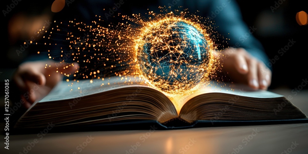 Poster open book with glowing holographic globe emerging from its pages, symbolizing knowledge and technolo