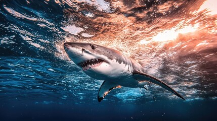 Majestic great white shark swimming gracefully through vibrant ocean waters at sunset