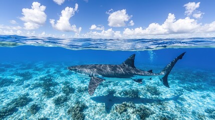 Majestic shark swimming gracefully above vibrant coral reef in clear blue ocean waters