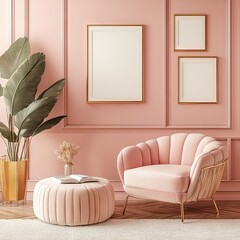 Here are  stock photo prompts related to enhancing Peach Fuzz walls with metallic decorations like mirrors and gold picture frames for a luxurious, elegant look
