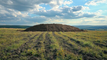 Fototapeta premium Rural field, soil pile, cloudy sky, farmland, agriculture